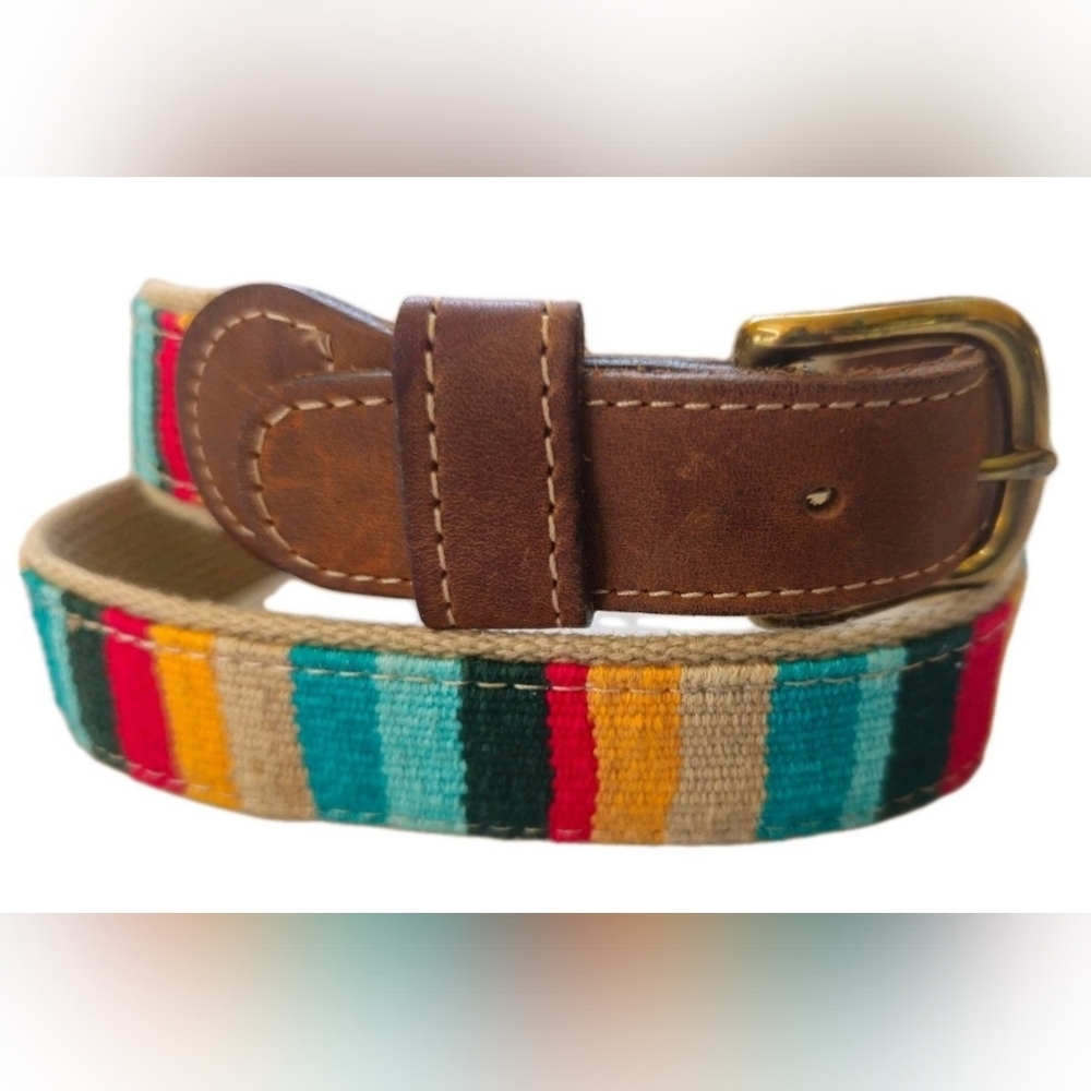 A Tail We Could Wag Colorful Fabric Belt Leather Trim Brass Buckle Sz 34/36